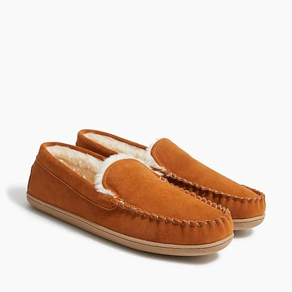 J Crew Men's Suede Slippers Sherpa‎ Lined Slip On Winter Brown Shoes Size 13